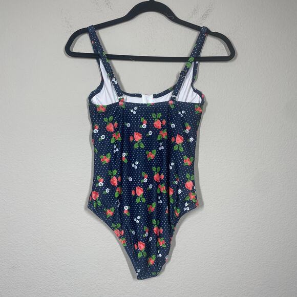 ModCloth Medium The Brandy Underwire One-Piece Swimsuit Blue Strawberry Print - Picture 4 of 13